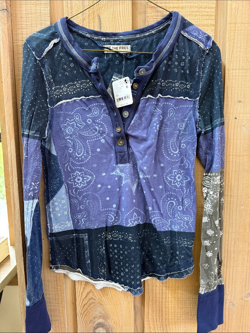 Free People Patchwork Bandana Henley in Navy and Purple